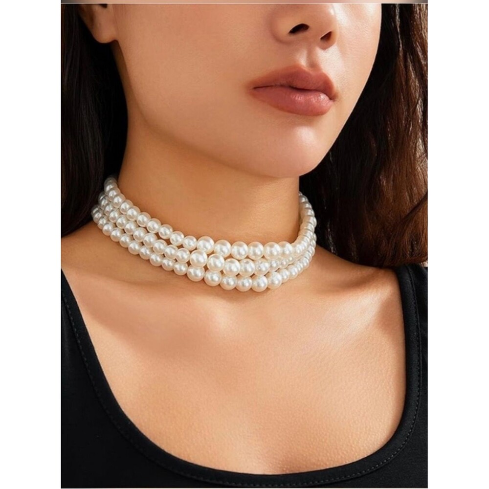 Womens 3 Strand Pearl Choker Necklace Set White Boho Layered Adjustable 14-17”